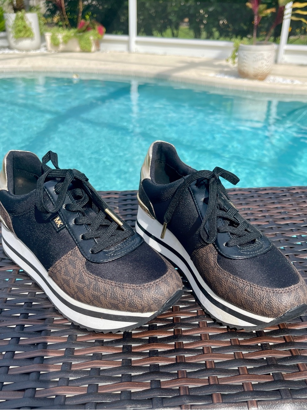 Michael Kors Black & Brown Platform Sneakers with Gold Accents